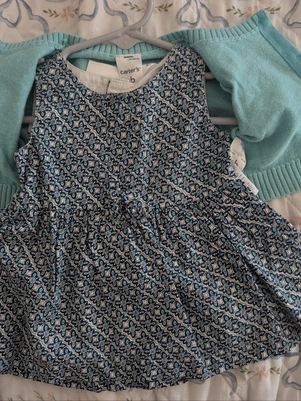 Carter's Aqua Knit Cardigan with Navy Patterned Dress